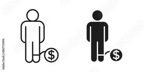Man with debt icons on white background. EPS 10. Editable linear style stroke. Vector icon