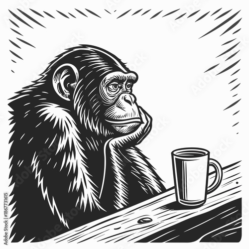 Pensive chimpanzee with coffee mug. Woodcut style animal contemplation illustration.