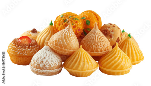 A vibrant assortment of traditional Indian sweets on transparent background