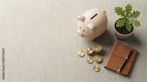 Financial Growth Concept: Piggy Bank, Coins, and Oak Sapling