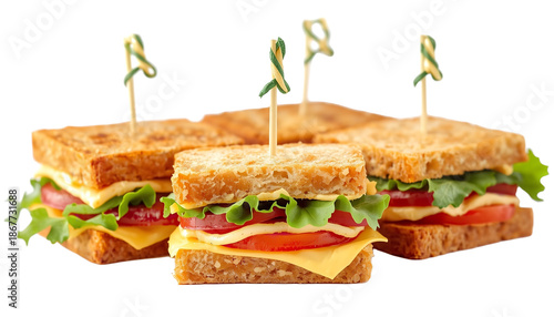 A delicious arrangement of sandwiches on toothpicks against a transparent background