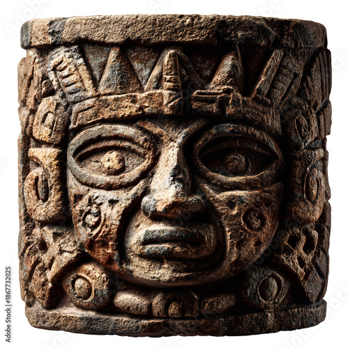Ancient Mayan stone sculpture of a mystical face