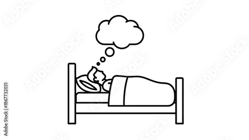 A simple line drawing depicts a person sleeping in a bed with a thought bubble