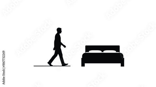 A man walking towards a bed with sleep symbols floating above simple graphic design