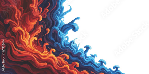 Dynamic abstract illustration showcasing the vibrant clash of fiery red and cool blue swirls isolated on white background