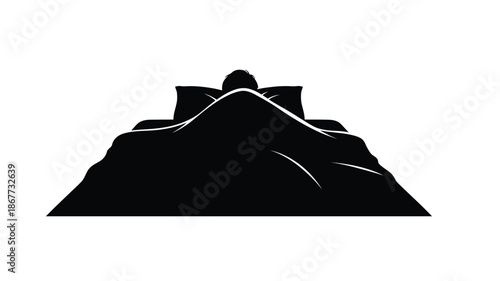 Silhouetted view of a person lying down covered with a blanket on a white background