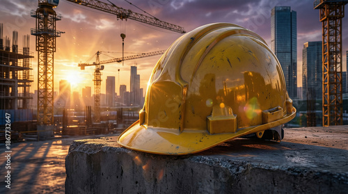 Yellow Hard Hat on Construction Site with Cranes and City Skyline at Sunset
