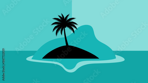 Minimalist Tropical Island with Palm Tree Silhouette.