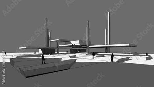 Modern Architectural Design with Geometric Structures and Open Spaces.