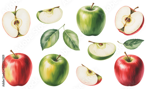 Botanical green apple fruit set with traditional hand watercolor. Natural green apple set with whole and sliced fruit.
 
