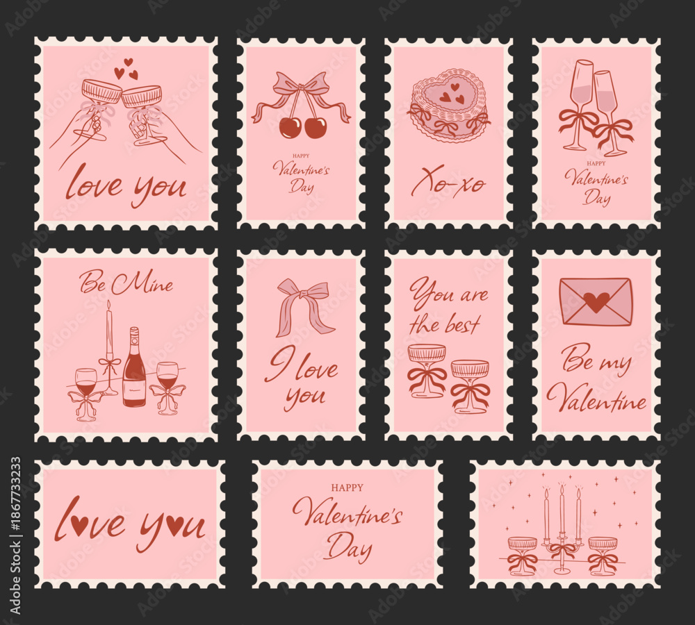 Obraz premium Set pink of postage stamps for Valentine's Day in an elegant coquette style. Vintage stickers, postcards in the form of a postmark. Romantic retro doodle stickers. Vector illustration. 