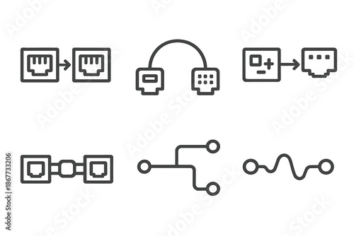 Line Style Port Icons. Port-to-port transfer: Line style icons of dual ports, bridging cable, line connector, transfer pipe, data