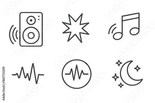 Party Sound Icons. Party sound blast: Line style icons of boom speaker, wave bursts, music symbols, pulse circle, energy spark,