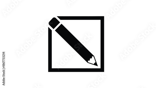 A simple black and white icon displaying a pencil within a square frame