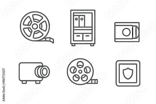 Analog Motion Icons. Analog motion archive: Line style icons of reel spool, tape strip, archive shelf, projector lens, cinema roll