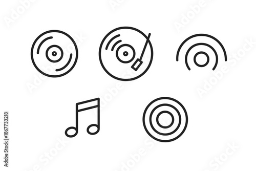 Classic Audio Icons. Classic audio rotation: Line style icons of rotating disc, center label, arm needle, waveform arc, melody dot