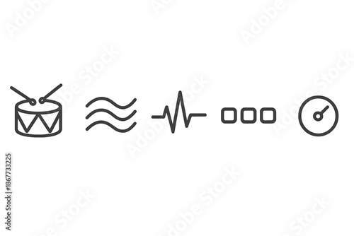 Groove Drumming Icons. Groove-based drumming: Line style icons of groove drum, flowing waves, beat line, rhythm blocks, tempo arc,
