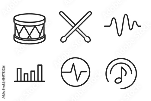 Rhythmic Drum Icons. Drum beat pulse: Line style icons of drum, drumsticks, beat waves, rhythm bar, pulse circle, tempo arc. No