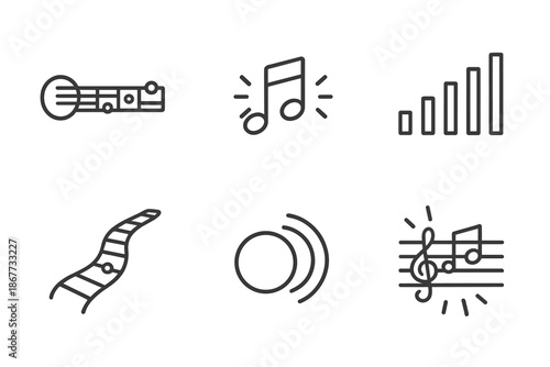 String Music Icons. Instrumental string music: Line style icons of guitar strings, note flare, rhythm bars, fingerboard path, tone