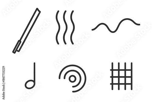Bow-String Melody Icons. Bow–string melody: Line style icons of drawn bow, vibrating strings, melody curve, tune dot, sound ripple