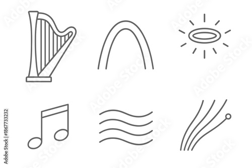 Divine Harp Icons. Soft divine strings: Line style icons of delicate harp, soft arcs, halo glow, tune marks, gentle ripples,