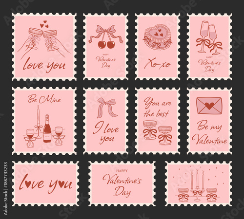 Set pink of postage stamps for Valentine's Day in an elegant coquette style. Vintage stickers, postcards in the form of a postmark. Romantic retro doodle stickers. Vector illustration.
