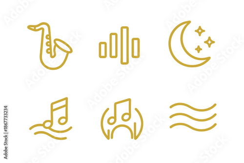 Golden Night Rhythm. Golden night rhythm: Line style icons of gold sax line, rhythm bars, moon accent, tune arc, sound crest, flow