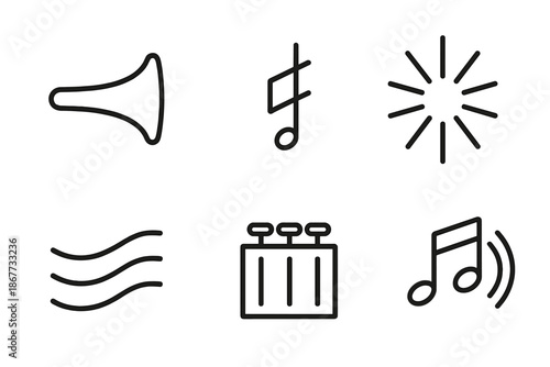 Trumpet Sound Icons. Trumpet tone burst: Line style icons of horn bell, sharp note, burst arcs, valve panel, sound trail, melody