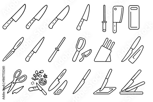 Kitchen Tools Icons. Line style icons of Food Prep Blades: chef knife, paring knife, bread knife, santoku, cleaver, carving knife,