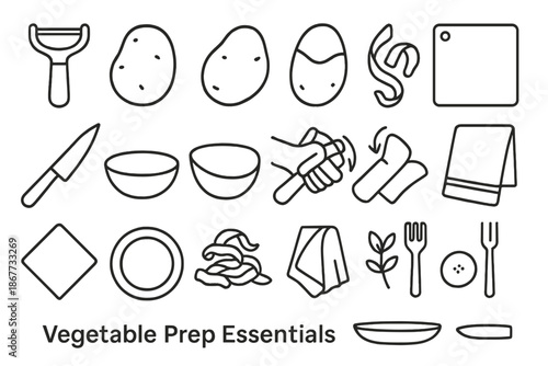 Vegetable Prep Icons. Line style icons of Vegetable Prep Essentials: peeler, potato, peeled potato, potato skins, cutting board,
