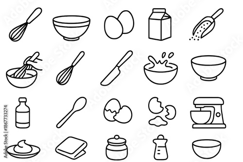 Baking Essentials Icons. Line style icons of Baking Essentials Set: whisk, mixing bowl, egg yolks, heavy cream, sugar scoop, hand
