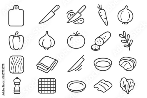 Kitchen Essentials Icons. Line style icons of Cutting Board Chop Prepare: cutting board, chef knife, vegetable slice, chopping