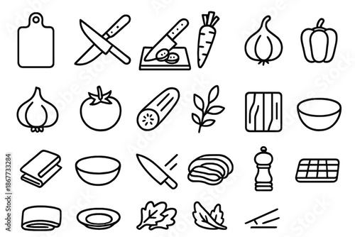 Kitchen Chopping Icons. Line style icons of Kitchen Chopping Gear: cutting board, chef knife, chopping vegetables, carrot, onion,