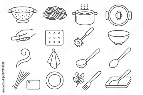 Pasta Preparation Icons. Line style icons of Colander Pasta Water: colander, cooked pasta, boiling water, pot, hand grip, strainer