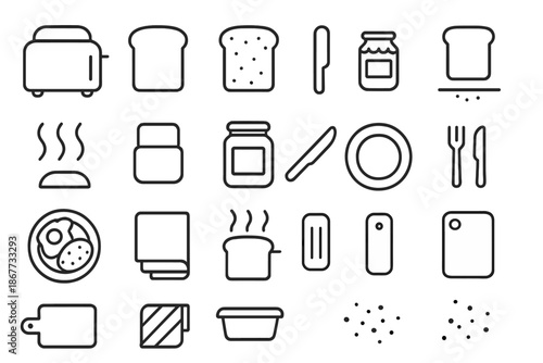 Toaster Breakfast Icons. Line style icons of Toaster Bread Crunch: toaster, bread slice, toasted bread, lever handle, crumb tray,