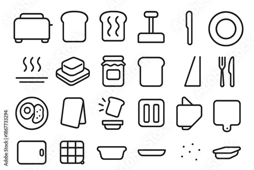 Toast and Bread Icons. Line style icons of Toast and Bread Tools: toaster, bread slice, toasted bread, lever handle, crumb tray,