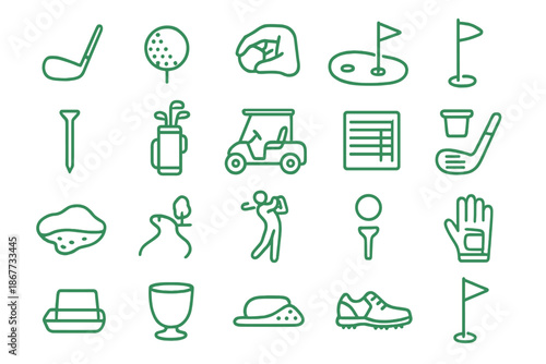 Golf Equipment Icons. Line style icons of Green Golf Tools: golf club, golf ball, hand hold, putting green, hole flag, tee, golf