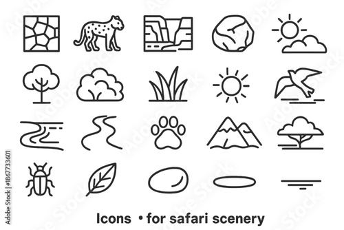 Safari Line Icons. Line style icons of safari scenery: Mosaic, Leopard, Canyon, Rock, Cliff, Tree, Bush, Grass, Sun, Sky, River,