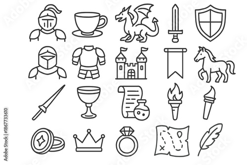 Medieval Adventure Icons. Line style icons of medieval adventure: Knight, Teacup, Dragon, Sword, Shield, Helmet, Armor, Castle,