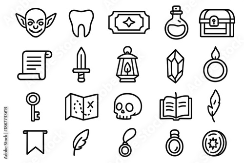 Magical Icon Collection. Line style icons of magical collectibles: Goblin, Tooth, Ticket, Potion, Scroll, Dagger, Lantern, Chest,