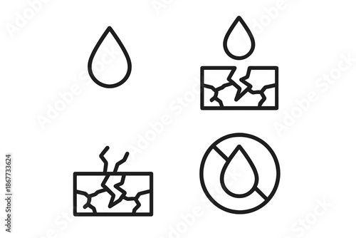 Water Scarcity Icons. Line vector icons of water scarcity concept: minimal drop, barren land, dehydrated surface, scarcity mark,