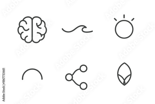 Tranquil Mind Icons. Line vector icons of a tranquil mind: peaceful brain shape, quiet wave, subtle glow ring, slow pulse arc,
