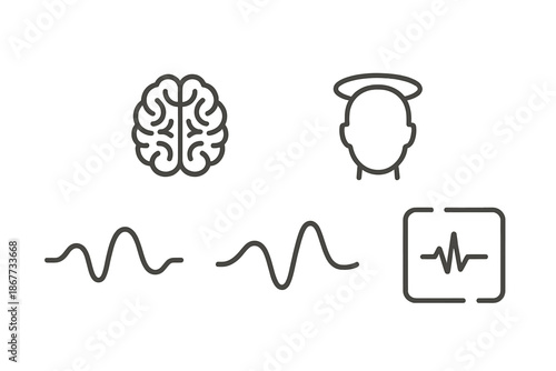 Meditative Brain Icons. Line vector icons of meditative brain state: centered brain, smooth breathing wave, meditative halo,