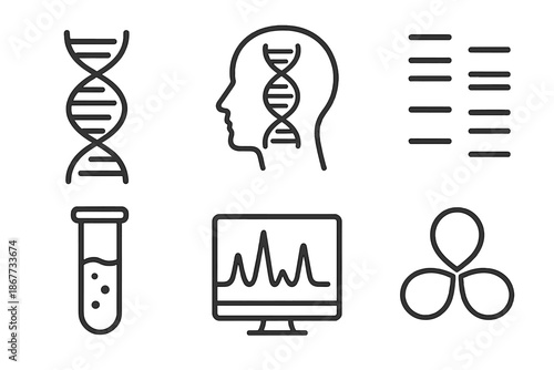 Genetic Profiling Icons. Line vector icons of genetic profiling: double helix, profile head, nucleobase line, test tube, result