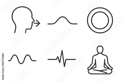 Tension-Relief Breathing Icons. Line vector icons of tension-relief breathing: deep inhale outline, steady exhale curve, soft aura