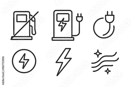 Eco-Friendly Energy Icons. Line vector icons of anti-fuel alternative: crossed fuel pump hint, EV charger frame, plug arc, energy