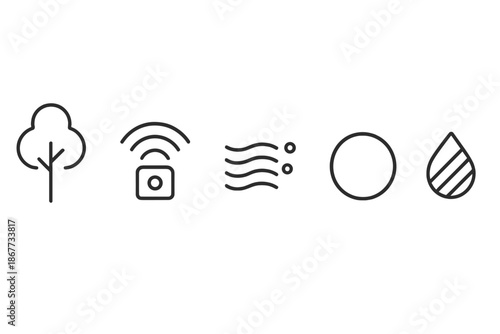 Green Zone Iconography. Line vector icons of air-monitoring green zone: tall tree, AQ sensor arc, pollution-filter wave, park
