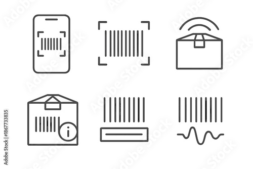 Product Scan Icons. Line vector icons of product-identification scan: phone contour, barcode block, scanning arc, item outline,
