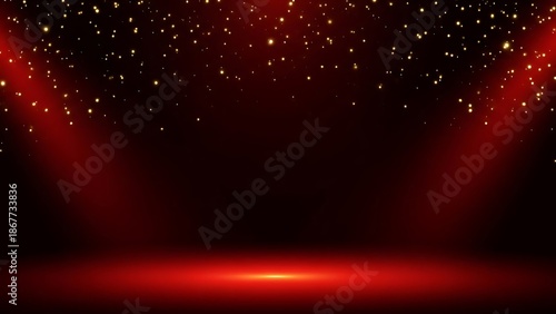 Dramatic red spotlight stage background with golden dust and sparkling light for luxury awards ceremony