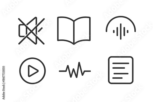 Anti-Silent Reading Icons. Line vector icons of anti-silent reading mode: crossed silent hint, book outline, voice-wave arc, play